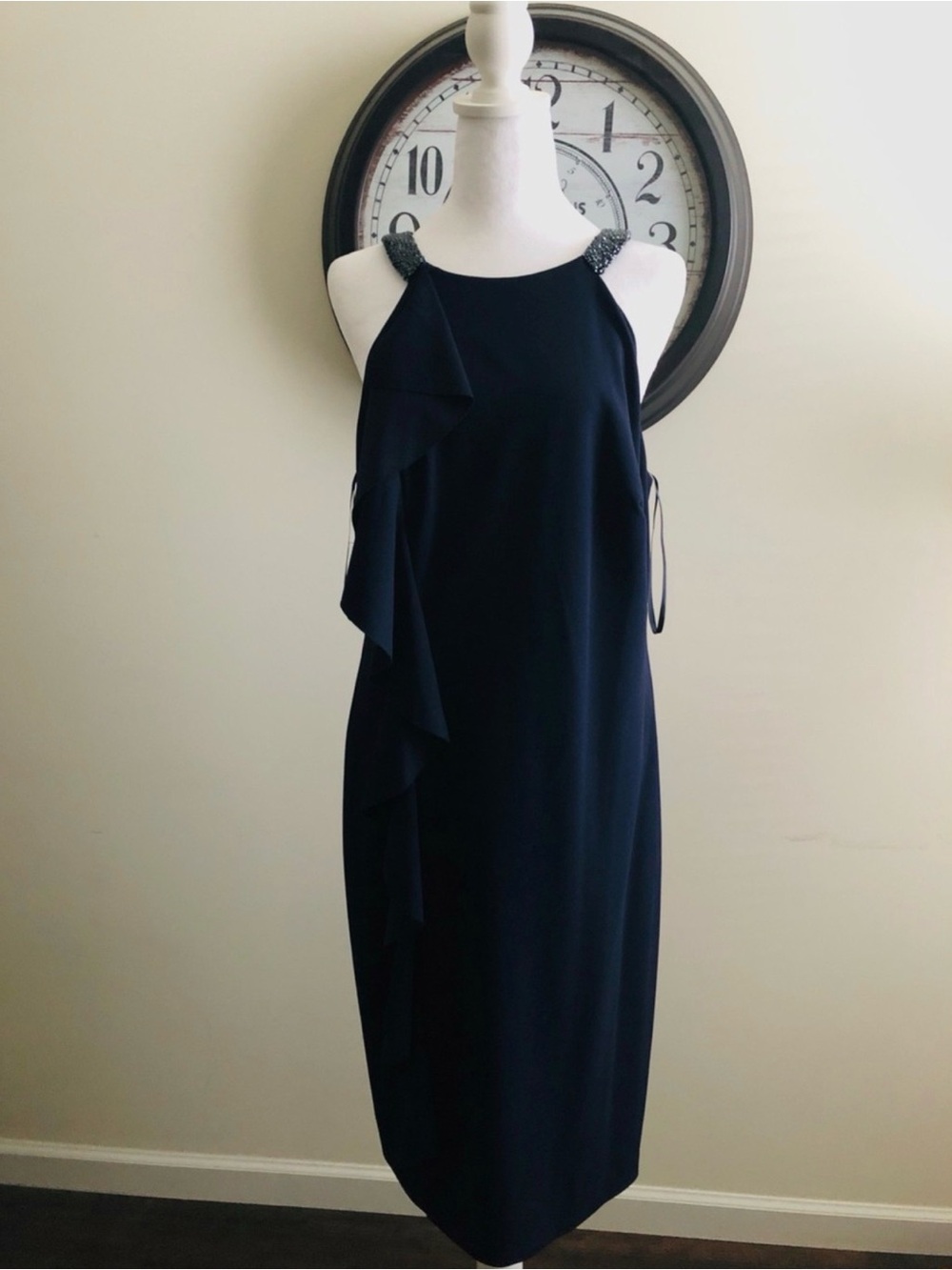 Lauren Ralph Lauren Navy Ruffled Sleeveless Beaded Straps Women Size 14 Dress